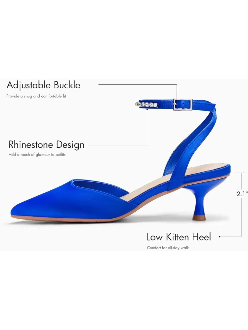 Women's Blue Low Kitten Heels Closed Pointed Toe Pumps Rhinestone Ankle Strap